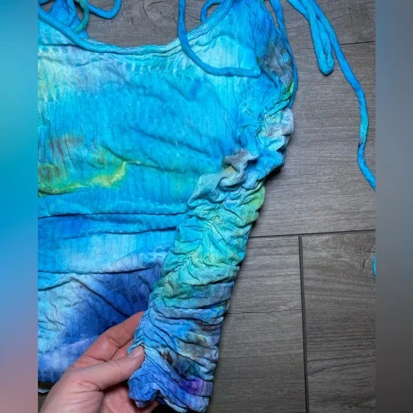 EUC Handmade OOAK Custom Hand Dyed Long Sleeve Square Neck Ruched Mini Dress - Picture 6 of 11